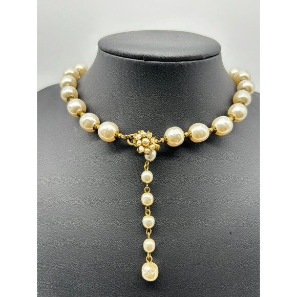 Vintage Miriam Haskell Baroque-Style Faux Pearl Choker-Necklace, Cluster Clasp - Picture 7 of 13